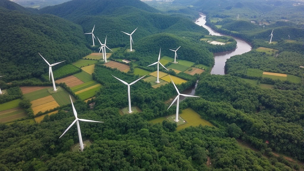 Aerial view of Costa Rican tropical rainforest with sustainable agriculture patches and renewable energy wind turbines integrated into landscape, lush green canopy with rivers visible