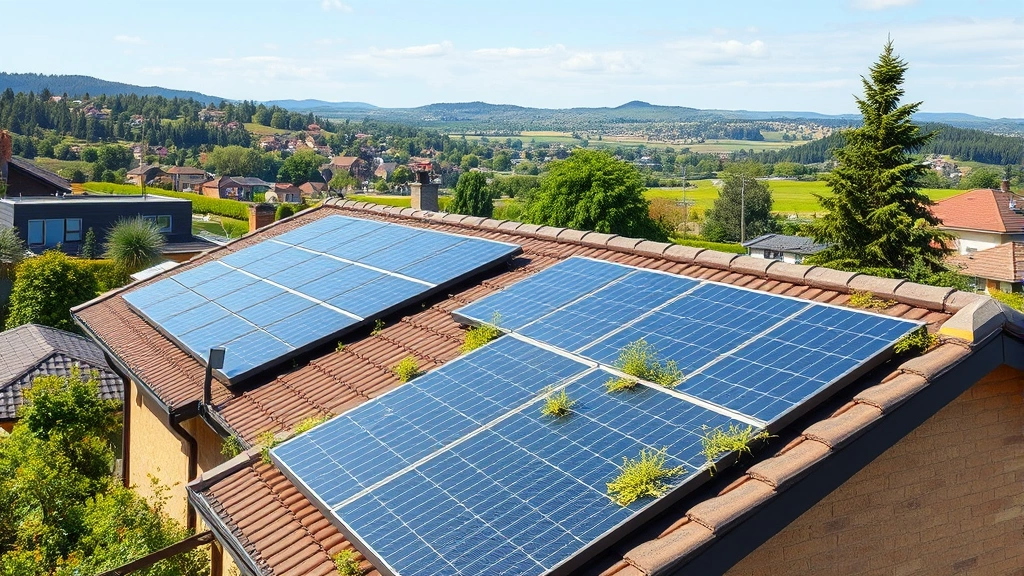 Solar panels on residential roofing with green vegetation and natural landscape in background, showing sustainable home energy systems integrated with natural environment, photorealistic suburban setting