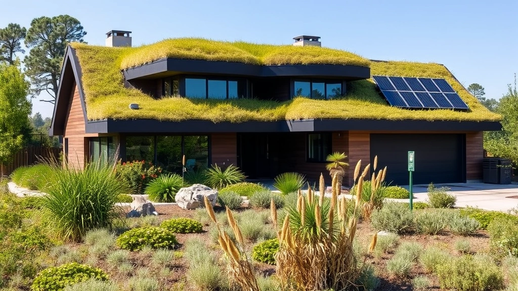 Modern home with green roof covered in vegetation, surrounded by native plantings, solar panels visible, demonstrating integrated sustainable design