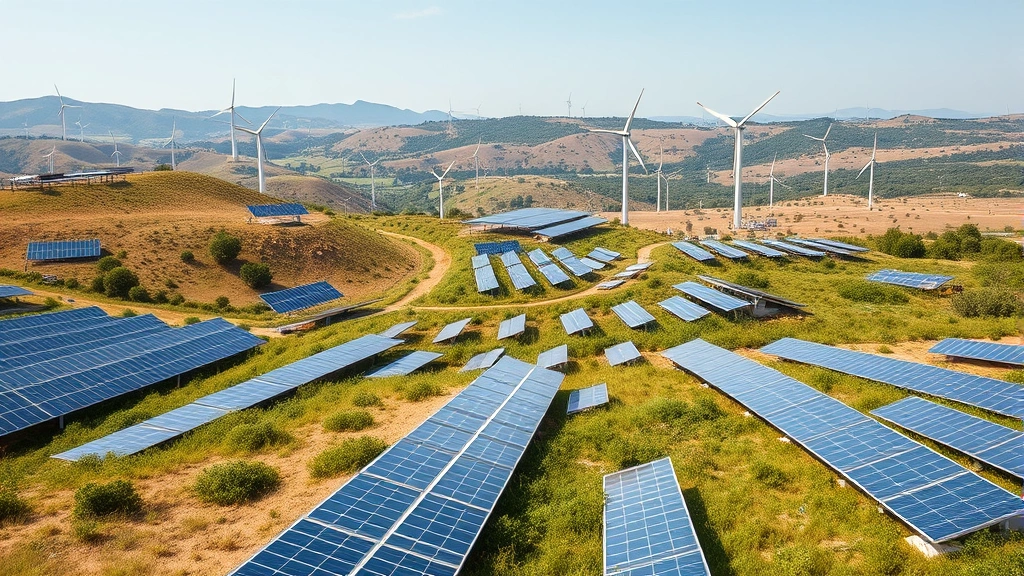 Modern renewable energy farm with solar panels and wind turbines sprawling across rolling hills with healthy vegetation, clear sky, no text or labels visible