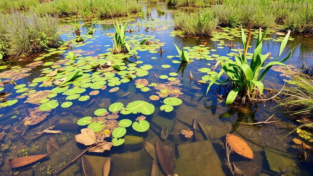 Wetland ecosystem with water, native plants, and wildlife habitat showing natural water purification and flood prevention services, diverse vegetation reflected in clear water with ecosystem health indicators visible