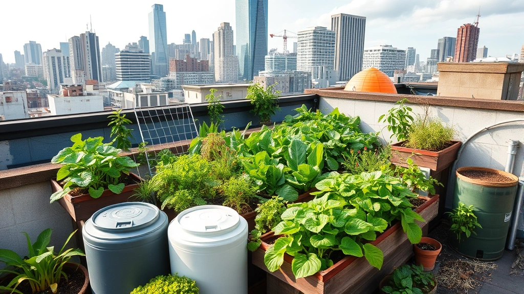 Urban rooftop garden with diverse crops, composting system, rain collection barrels, city skyline background, productive ecosystem in dense urban setting
