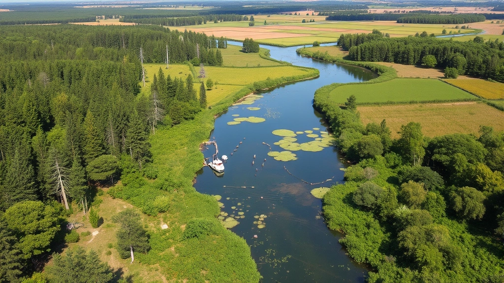Thriving diverse ecosystem with forest, wetland, and agricultural areas coexisting harmoniously, wildlife present, water features clean and clear, demonstrating ecological and economic balance