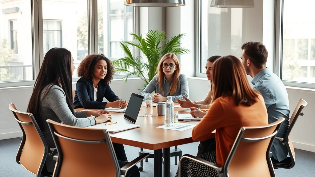 Professional diverse workplace meeting room with employees of different ethnicities collaborating at conference table, natural sunlight through windows, warm inclusive atmosphere, no text visible