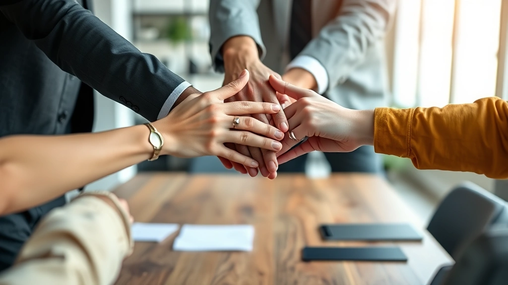 Close-up of diverse hands coming together in unity gesture over wooden table in modern office setting, symbolizing workplace solidarity and respect, soft focus background