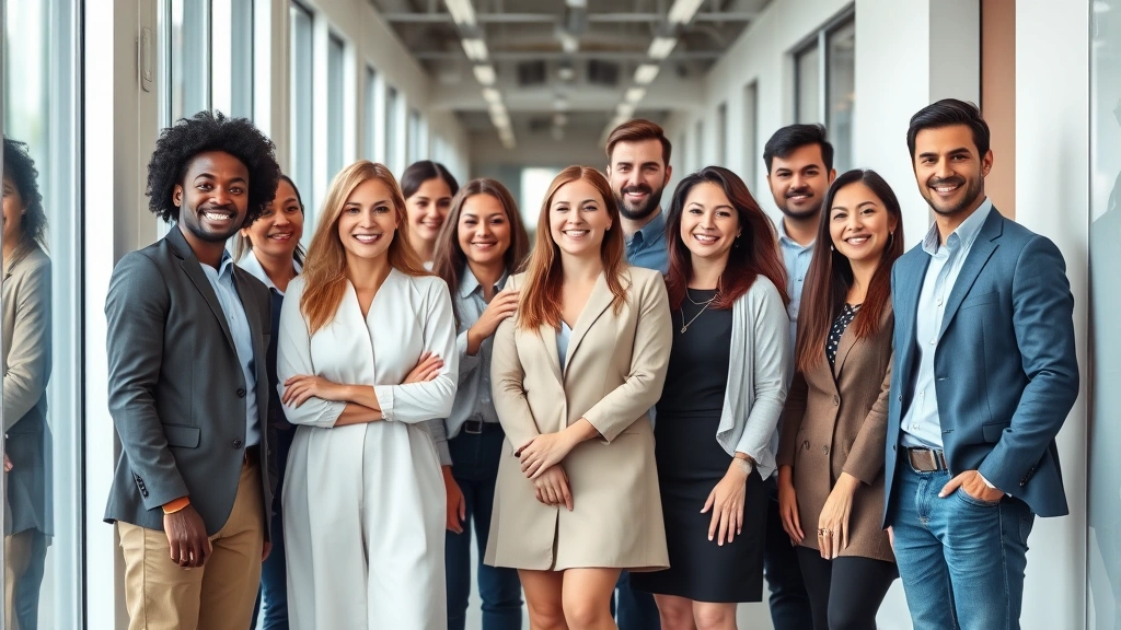 Diverse group of professionals standing together in modern office hallway, smiling naturally, representing inclusive workplace culture and mutual respect among colleagues