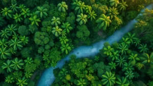 Aerial view of lush tropical rainforest canopy with river winding through dense green vegetation, morning mist rising from forest floor, sunlight filtering through leaves, photorealistic nature photography