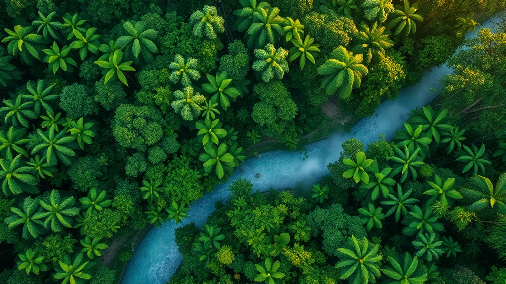 Aerial view of lush tropical rainforest canopy with river winding through dense green vegetation, morning mist rising from forest floor, sunlight filtering through leaves, photorealistic nature photography