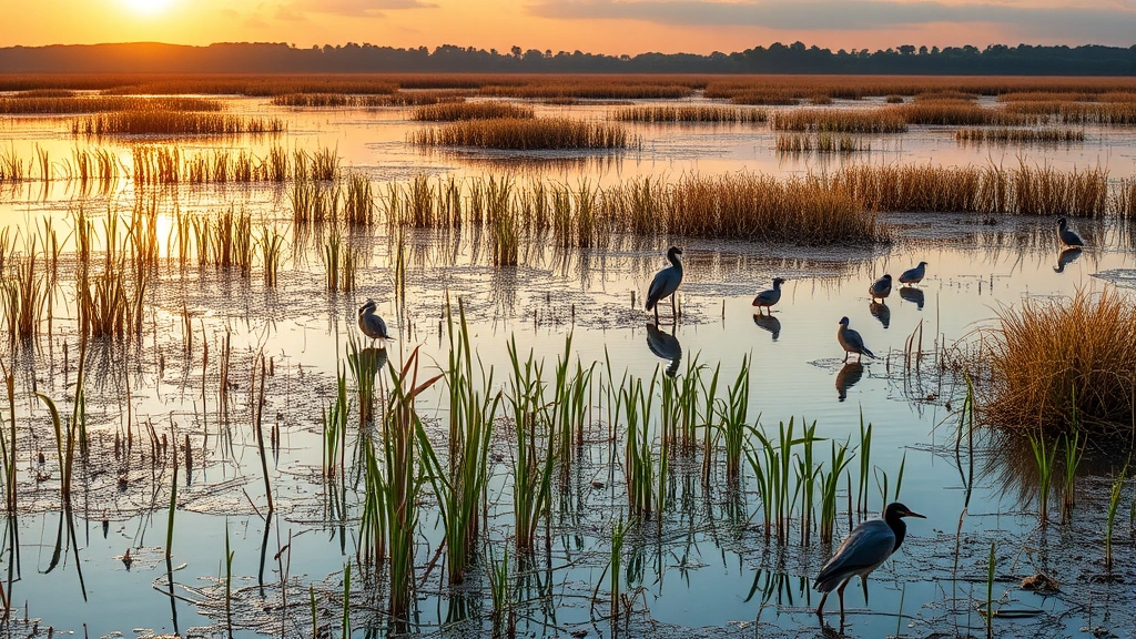 Wetland landscape with water, reeds, and wildlife including birds and fish, sunrise or sunset lighting reflecting in still water, natural ecosystem providing water purification and storm protection services