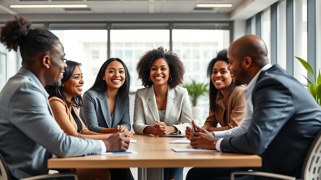 Professional diverse team collaborating respectfully in modern office space with natural lighting, smiling and engaged in positive discussion around conference table, photorealistic