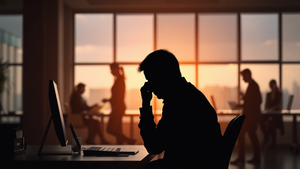 Silhouette of person sitting alone at desk looking distressed with colleagues in background, depicting workplace isolation and emotional burden, photorealistic