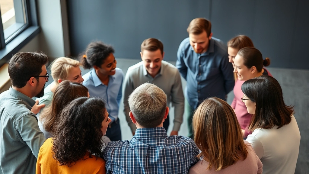 Diverse group of employees in circle during team building activity, showing psychological safety, inclusion and positive workplace culture, photorealistic