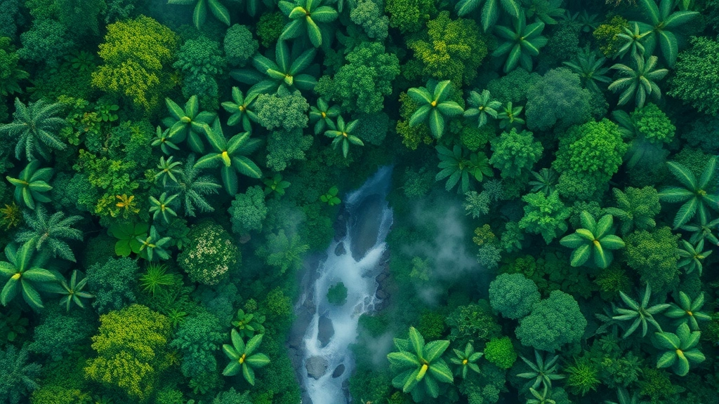 Lush tropical rainforest canopy from above with river meandering through dense green vegetation, morning mist rising, untouched pristine wilderness, photorealistic aerial perspective
