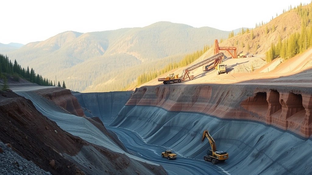 Industrial mining operation scarring mountainside with exposed earth, heavy machinery in valley, contrast between barren extracted area and remaining forest beyond, afternoon light