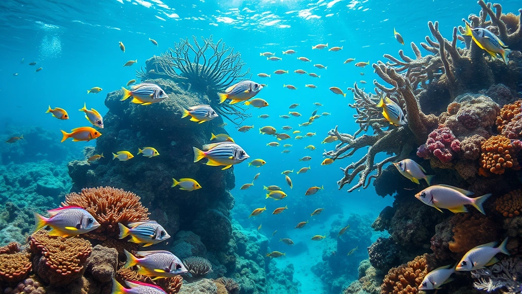 Underwater coral reef ecosystem with diverse colorful fish schools, branching corals, sea plants, sunlight filtering through water, vibrant marine biodiversity in natural state
