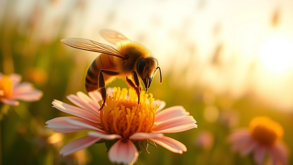 Honeybee collecting pollen from wildflower in meadow, golden sunlight, detailed macro photography of bee on flower with pollen sacs visible