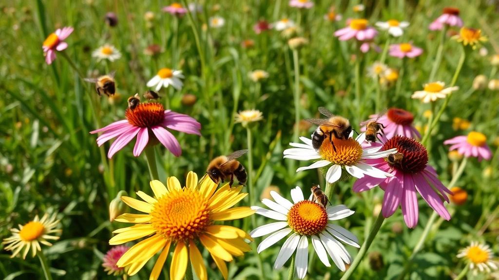 Diverse native bees pollinating flowering plants in restored habitat landscape, including bumblebees and solitary bees on various flowers, natural afternoon light