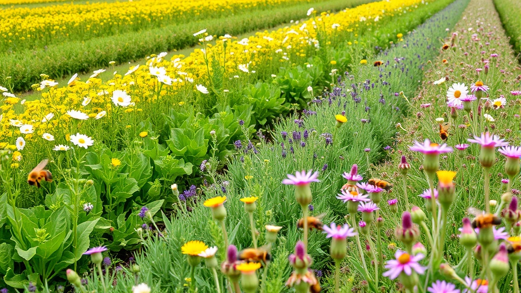 Agricultural field with flowering crops and bee activity, showing biodiversity and pollinator-friendly farming practices with green hedgerows and natural vegetation
