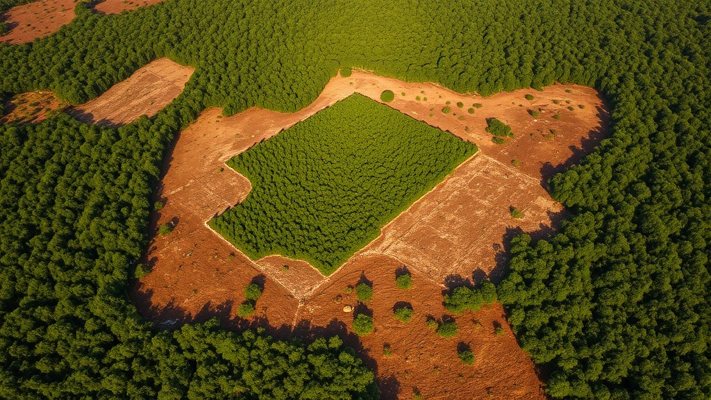 Aerial view of deforestation clearing with remaining forest patches surrounded by cleared land, tropical region, afternoon light, high contrast showing ecosystem fragmentation