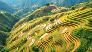 Photorealistic aerial view of terraced agricultural fields in mountainous region with water management systems, demonstrating human adaptation to steep terrain and water scarcity, lush green crops visible, no text or labels, natural lighting
