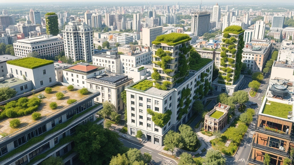 Photorealistic image of urban landscape with green roofs, vertical gardens on buildings, and tree-lined streets showing climate adaptation in dense city environment, mix of modern architecture and vegetation, no text or maps, daytime
