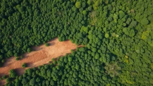 Aerial view of deforestation boundary showing cleared forest transitioning to intact rainforest canopy, natural lighting, photorealistic, emphasizing habitat loss contrast
