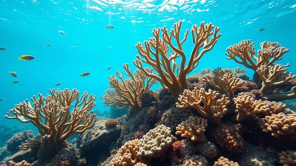 Underwater coral reef ecosystem with healthy branching corals, tropical fish swimming, clear water, natural sunlight filtering through, vibrant ecosystem biodiversity