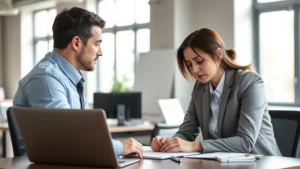 Professional woman at desk looking distressed during difficult conversation with male supervisor in modern office setting, natural lighting through windows, showing workplace tension and discomfort without depicting actual conflict