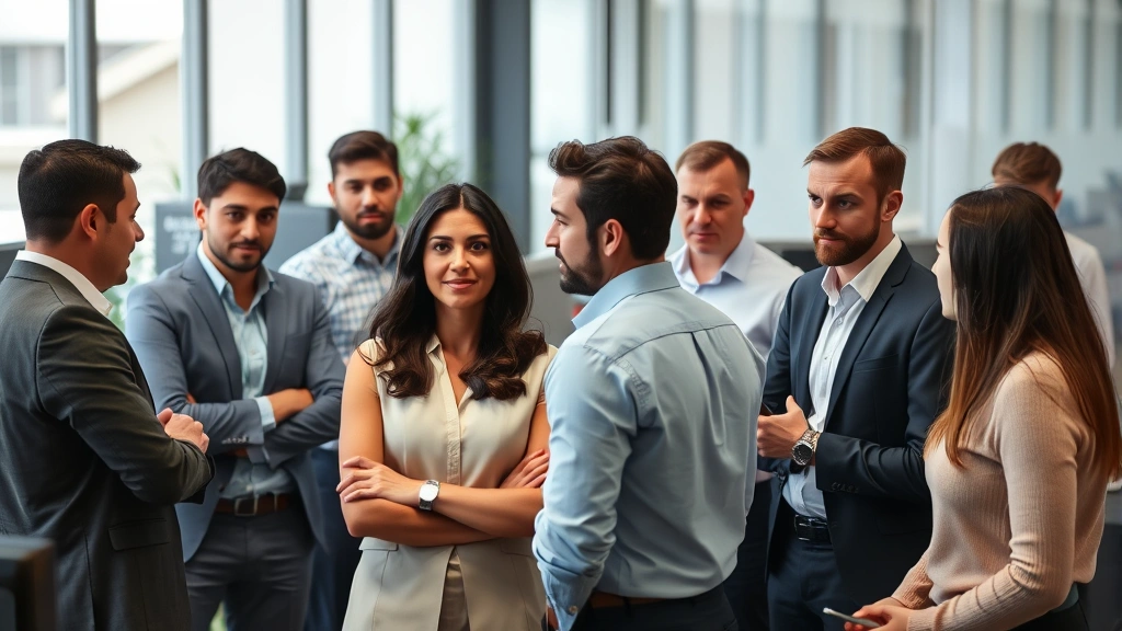 Diverse group of office workers in collaborative meeting space, some appearing uncomfortable or excluded, showing workplace dynamics and social interaction patterns in professional environment