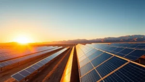 Vast solar panel array stretching across golden desert landscape at sunset, mountains silhouetted in background, clear blue sky reflecting on panels, photorealistic environmental perspective