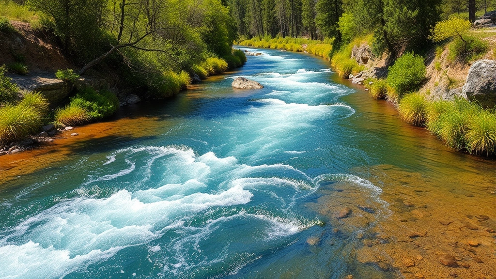 Flowing river with clear blue water, healthy vegetation and trees along banks, no industrial infrastructure visible, natural ecosystem thriving, photorealistic nature photography