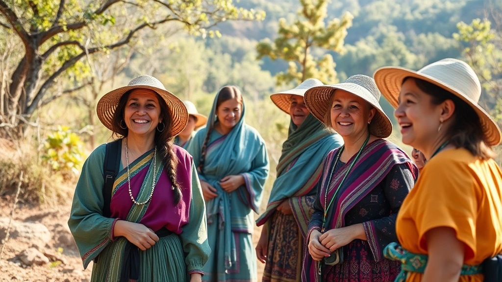 Local community members in traditional dress smiling while guiding tourists through a biodiversity-rich natural area, genuine interaction, natural outdoor setting, warm natural light