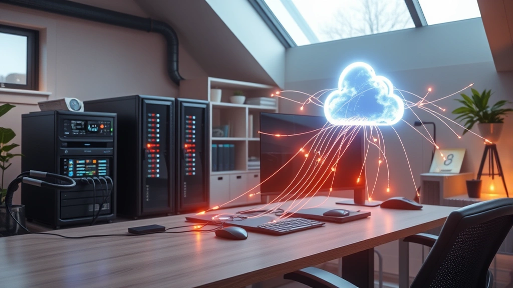 Photorealistic image of a modern home office with server equipment connected via cables to a glowing network visualization representing cloud connectivity, showing fiber optic cables and LED indicators, natural lighting from windows, professional yet personal atmosphere