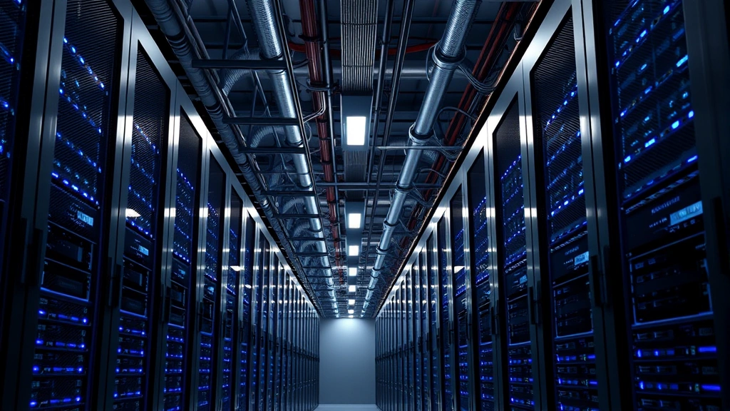 Photorealistic photograph of data center infrastructure with rows of servers, blue LED lights, cooling systems, and network cables, showing modern efficient data center design with natural lighting reflection on metal surfaces