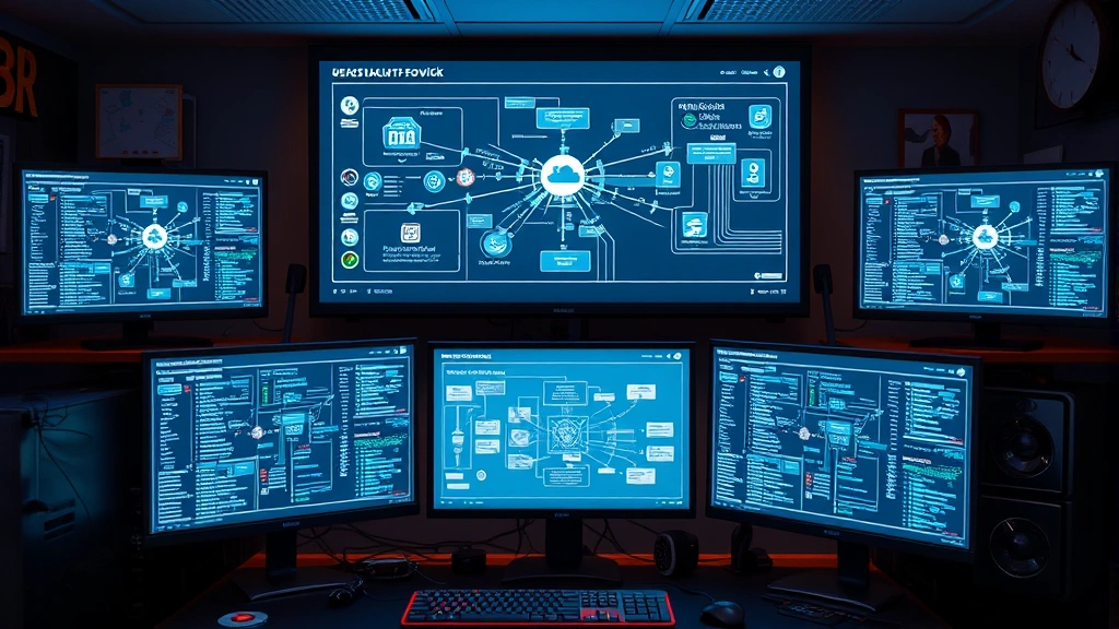 Photorealistic image of a network diagram visualization displayed on multiple monitors in a homelab setup, showing interconnected nodes and data flow between local and cloud infrastructure, with ambient lighting and professional technical environment