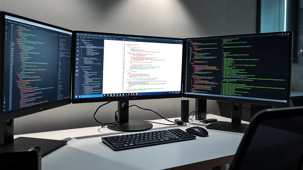 Photorealistic image of a developer's workspace with multiple monitors displaying code editors and terminal windows, showing conda environment activation, clean desk with minimal clutter, professional lighting highlighting productivity