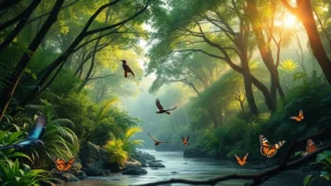 Lush forest canopy with sunlight filtering through leaves, river flowing below, diverse wildlife including birds and butterflies visible in natural habitat, photorealistic nature photography emphasizing ecosystem health and natural abundance