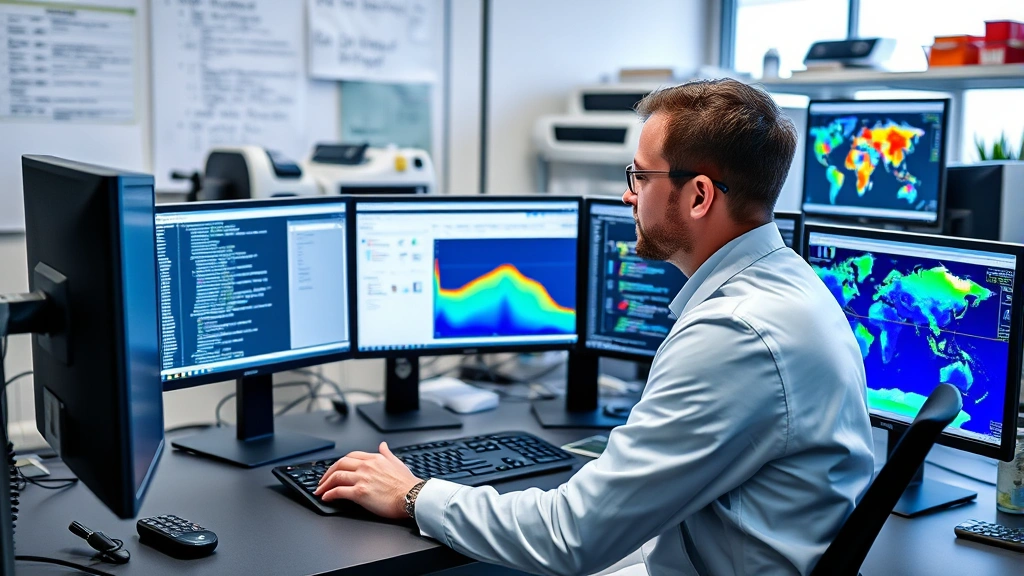 Scientist working at computer terminal with multiple monitor displays showing code, data visualizations, and climate modeling outputs in research laboratory setting
