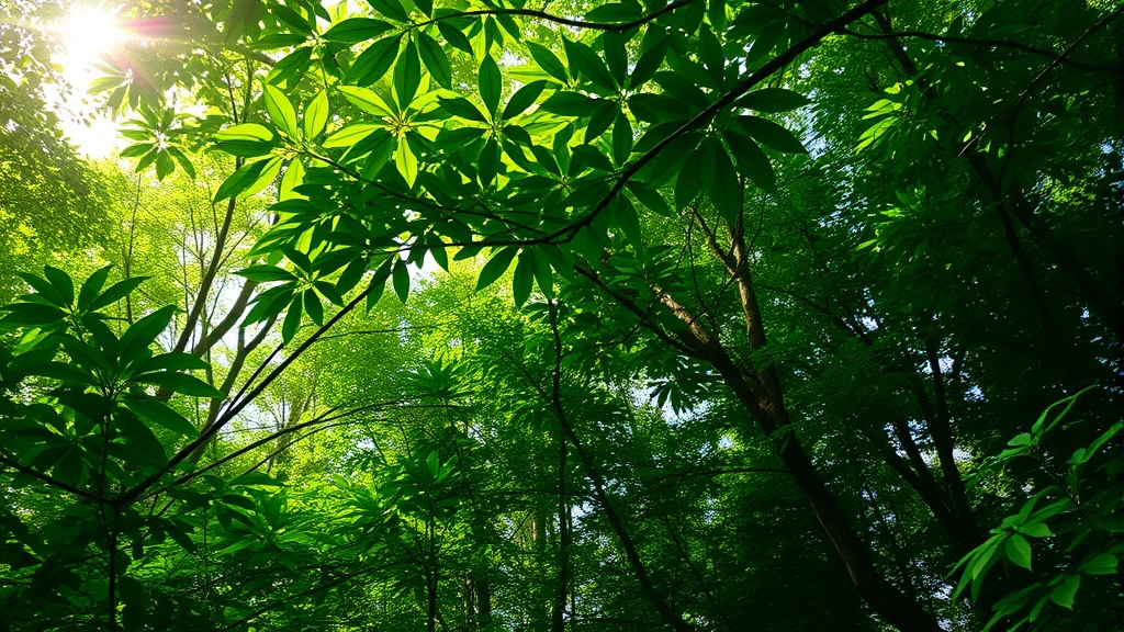 Lush forest canopy with sunlight filtering through leaves, diverse bird species and insects visible, representing healthy biodiversity and ecosystem services in a thriving natural environment