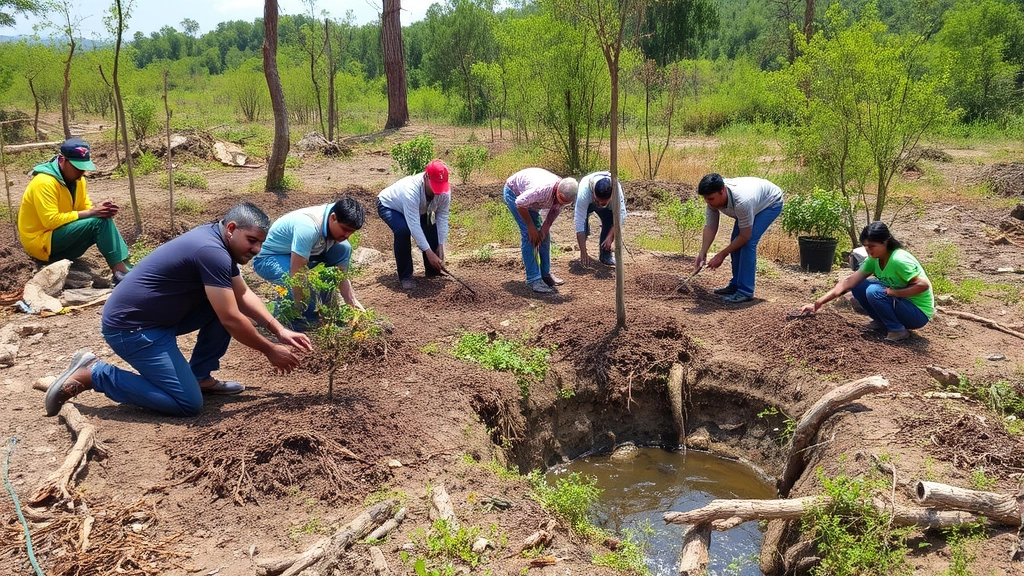 Restoration project with diverse team planting native trees and vegetation in previously degraded landscape, showing ecological recovery in progress with visible water features and wildlife returning to habitat