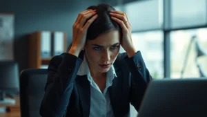 Professional woman at desk looking stressed, hands on head, dimly lit office environment, natural window light, realistic emotional expression, workplace tension