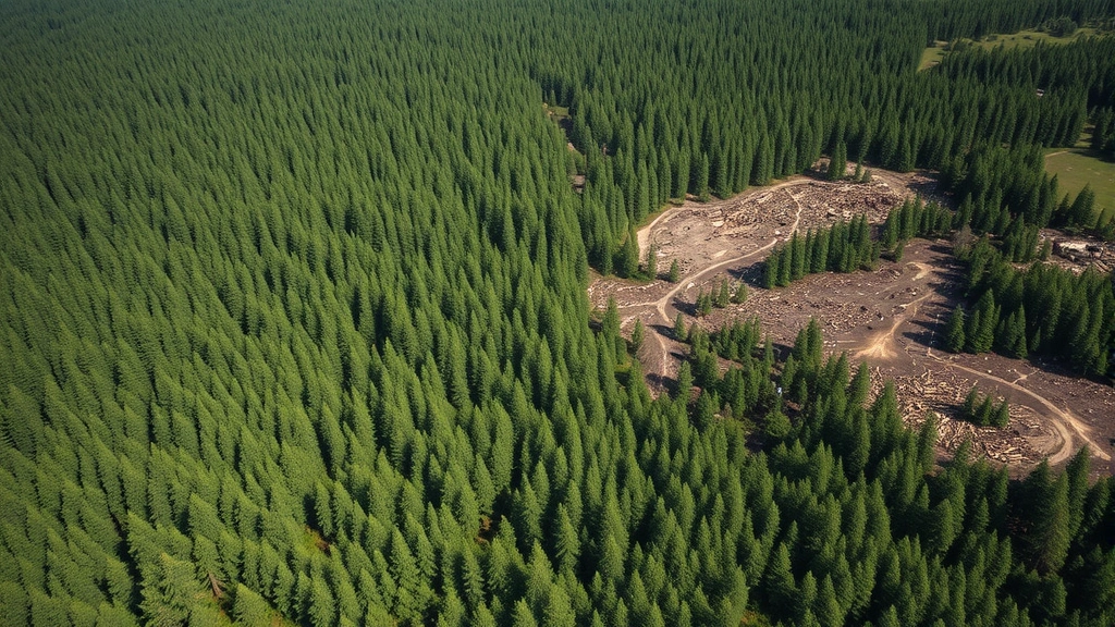 Aerial view of contrasting landscapes: pristine old-growth forest meeting clear-cut industrial logging area, showing environmental degradation from economic expansion, natural lighting, photorealistic detail of forest canopy transition