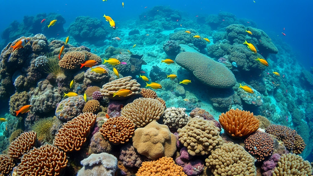 Underwater coral reef ecosystem with vibrant biodiversity: colorful fish, sea plants, and healthy coral formations showing thriving marine life before industrial fishing or development impacts