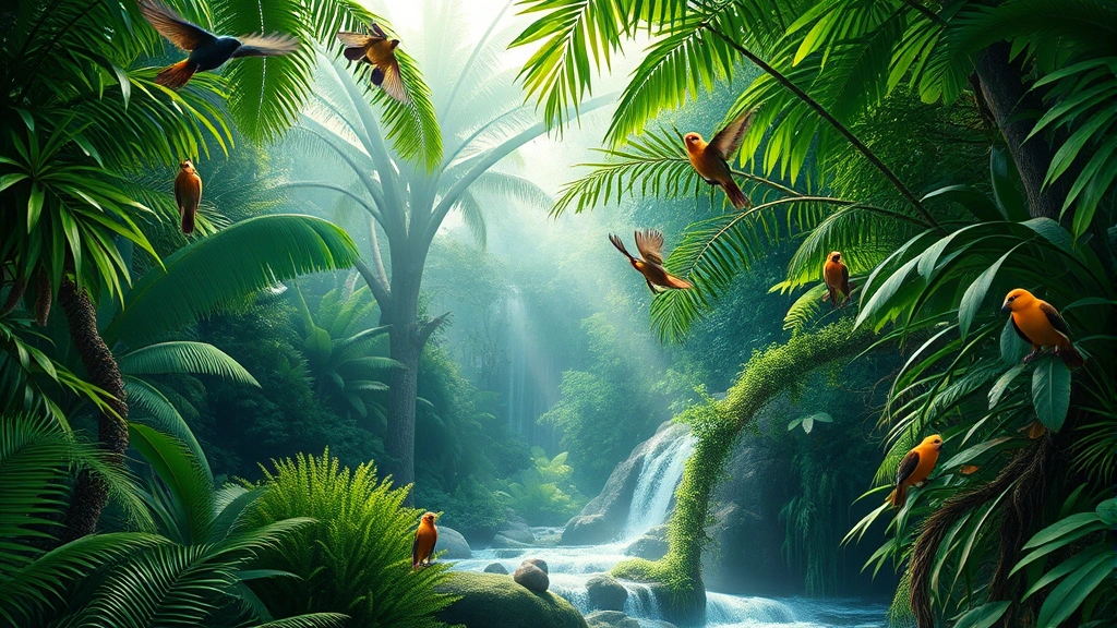 Photorealistic tropical rainforest canopy with flowing water, diverse wildlife including birds and insects, sunlight filtering through dense green foliage, no text or labels