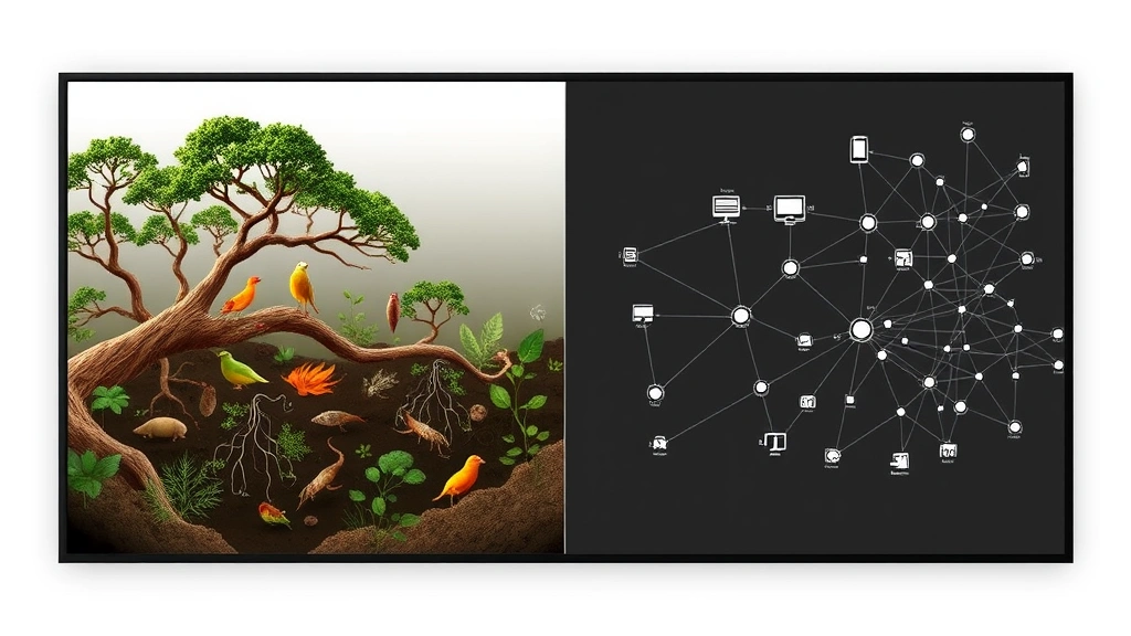 Split-screen showing ecosystem food chain on left with interconnected organisms, and computer network diagram on right with connected nodes, representing system relationships and dependencies