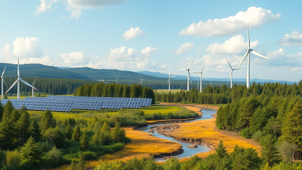 Sustainable economy landscape showing solar panels and wind turbines integrated with natural forest, wetlands with water cycling visible, biodiversity thriving, photorealistic, no charts or text