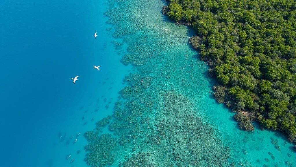 Aerial view of healthy coastal ecosystem with mangrove forests meeting blue ocean, coral reef visible underwater, diverse fish species, birds, natural landscape integration, no text overlays