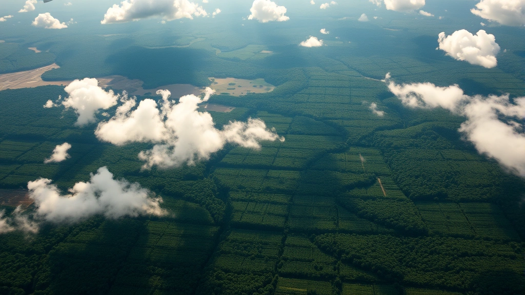 Aerial view of cleared Amazon rainforest with deforestation patterns visible, showing contrast between remaining dense forest and cleared areas, tropical sunlight filtering through clouds