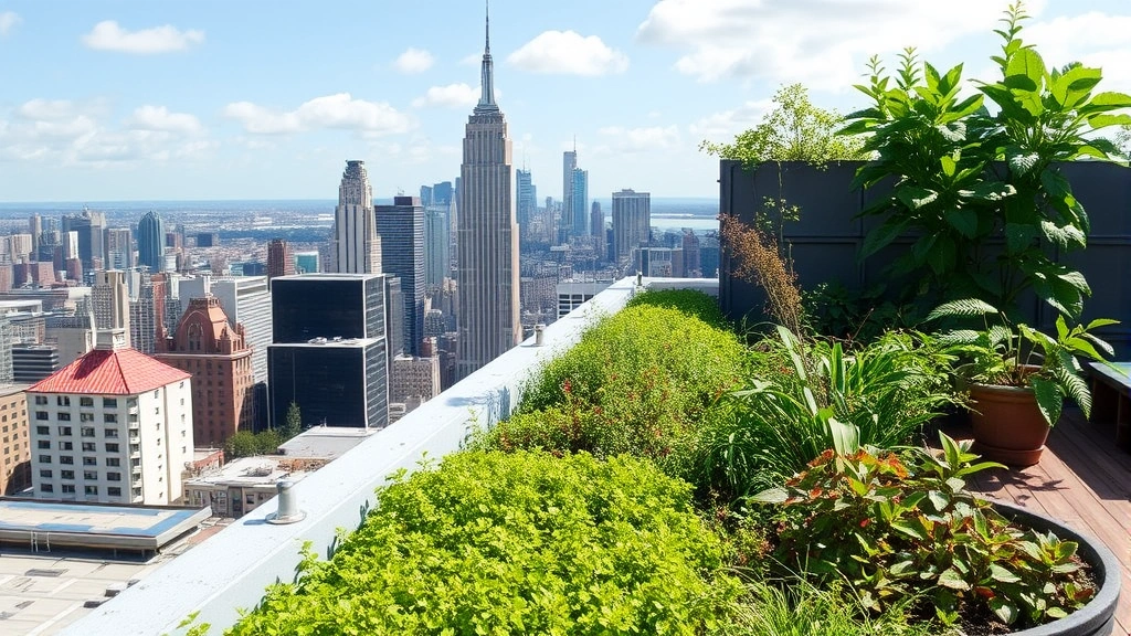 Urban rooftop garden with green vegetation overlooking city skyline, demonstrating urban heat island mitigation through green infrastructure and ecological restoration