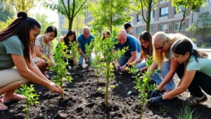 Diverse community members planting native trees together in restored urban green space, sunlight filtering through new growth, people of different ages working collaboratively with soil and saplings